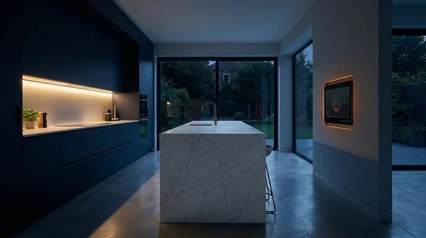 Minimalist kitchen at night lit by warm under-cabinet lighting