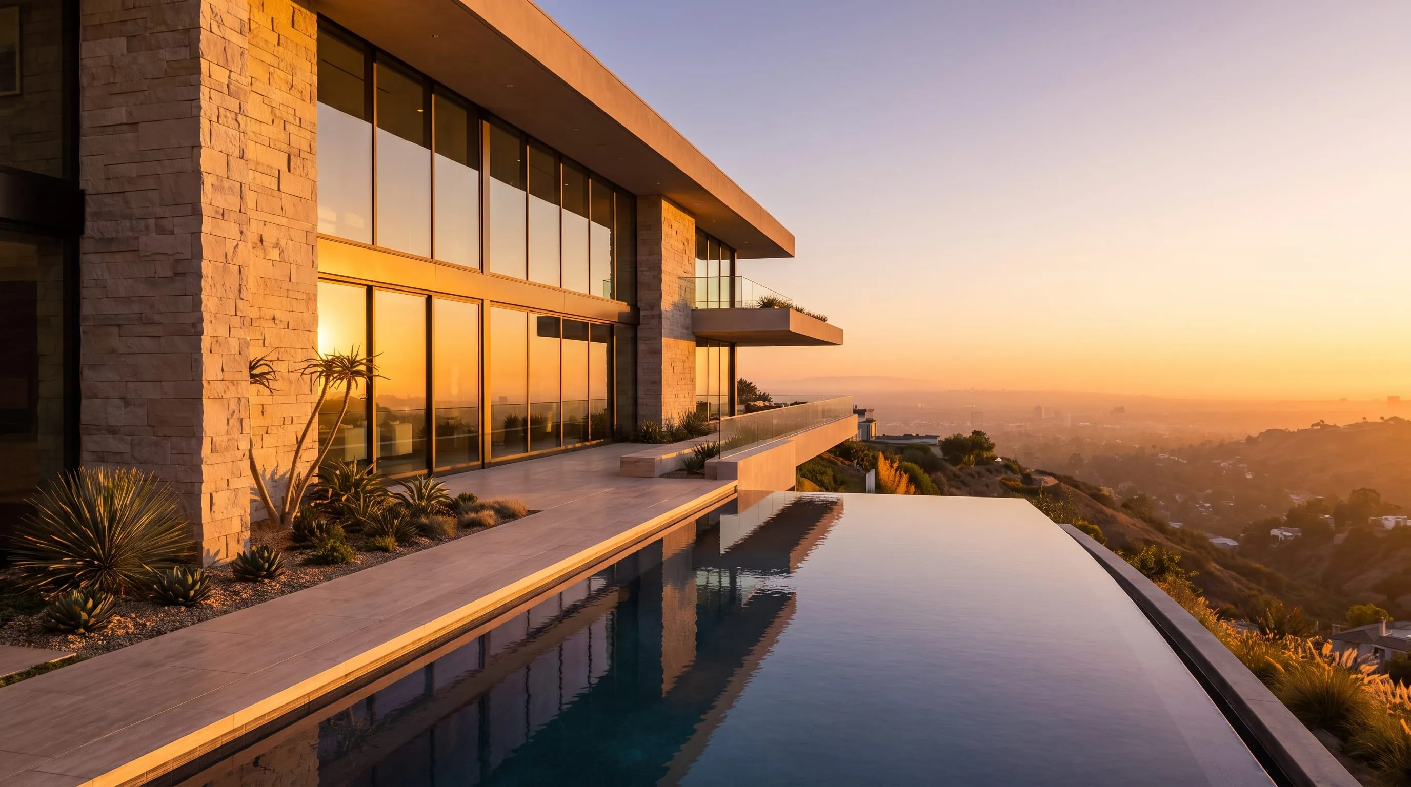 Glass-walled home on a hillside at golden hour